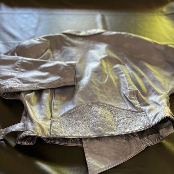 Vintage 80s Nora Ritti Oversized Blue Leather Jacket Belted Cropped Moto Style M - Picture 11 of 16